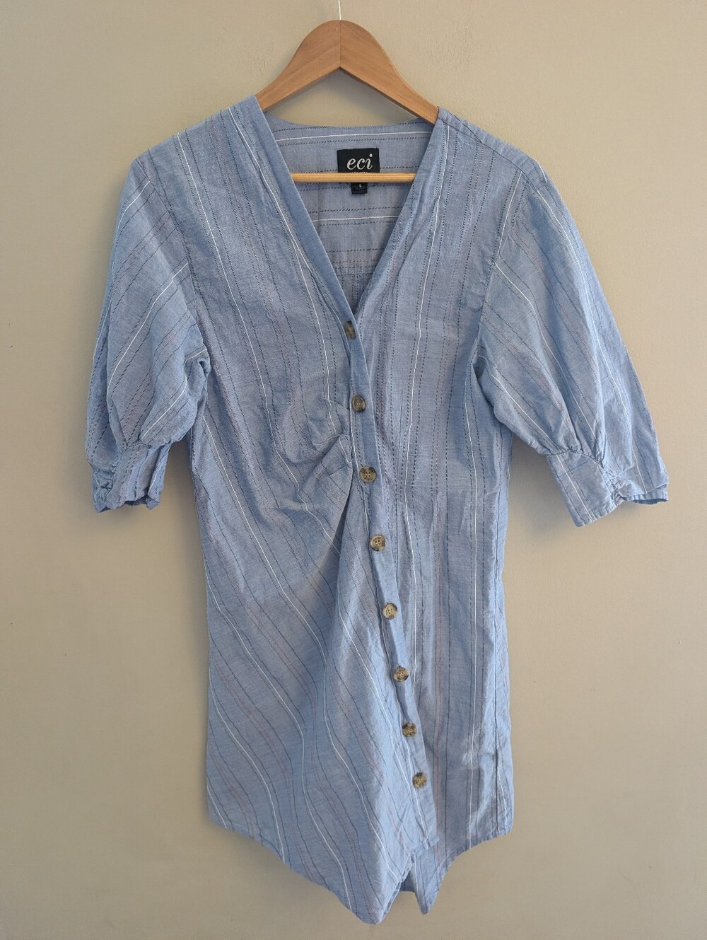 Vintage ECI Light Blue Striped Mini Asymmetrical Button Shirt Dress Size S
